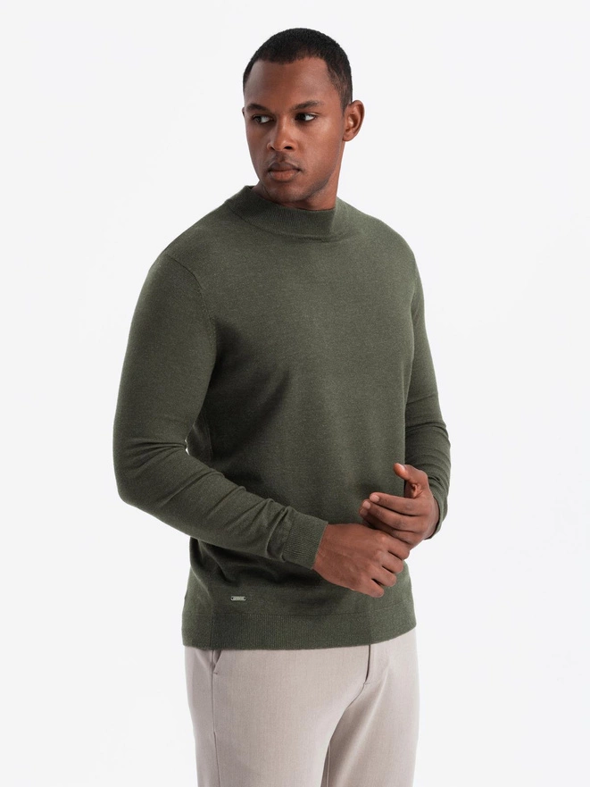 Men's knitted half turtleneck with viscose - dark olive V5 OM-SWTN-0125