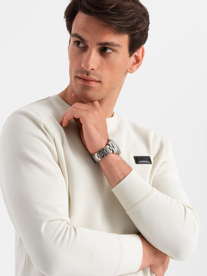 Men's non-stretch sweatshirt with metal pin - cream V2 OM-SSNZ-0136