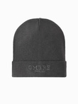 Men's knitted beanie hat with embroidered inscription - graphite V2 OM-ACWH-0120