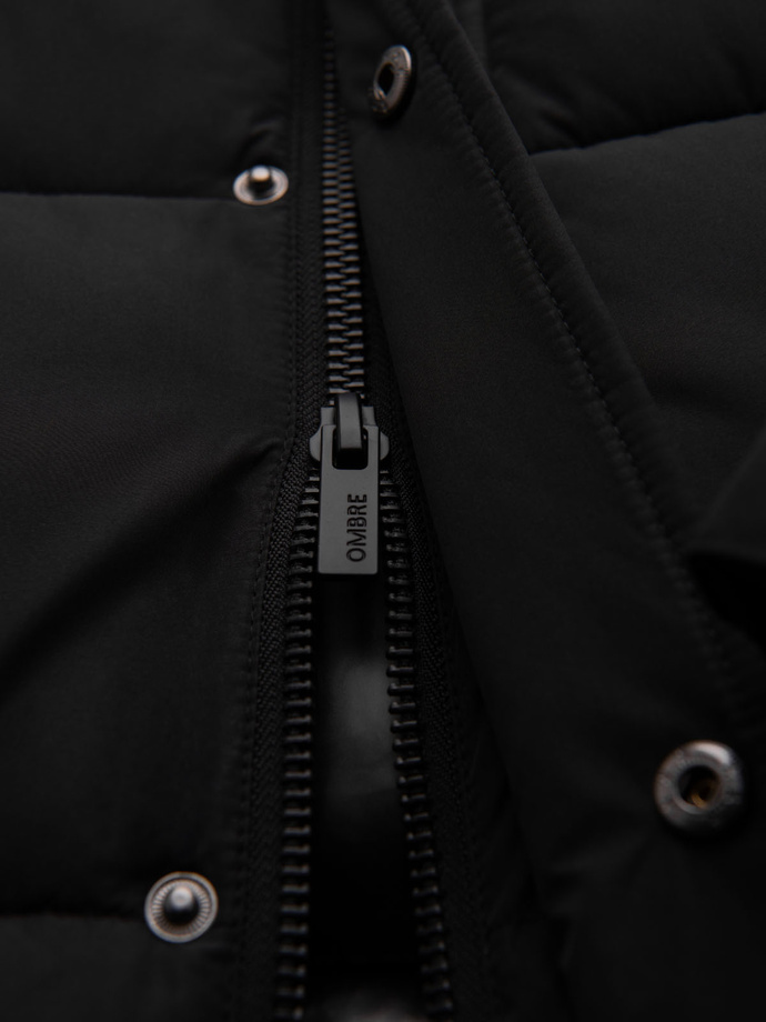 Men's long quilted winter jacket with hood - black V1 OM-JALJ-0309