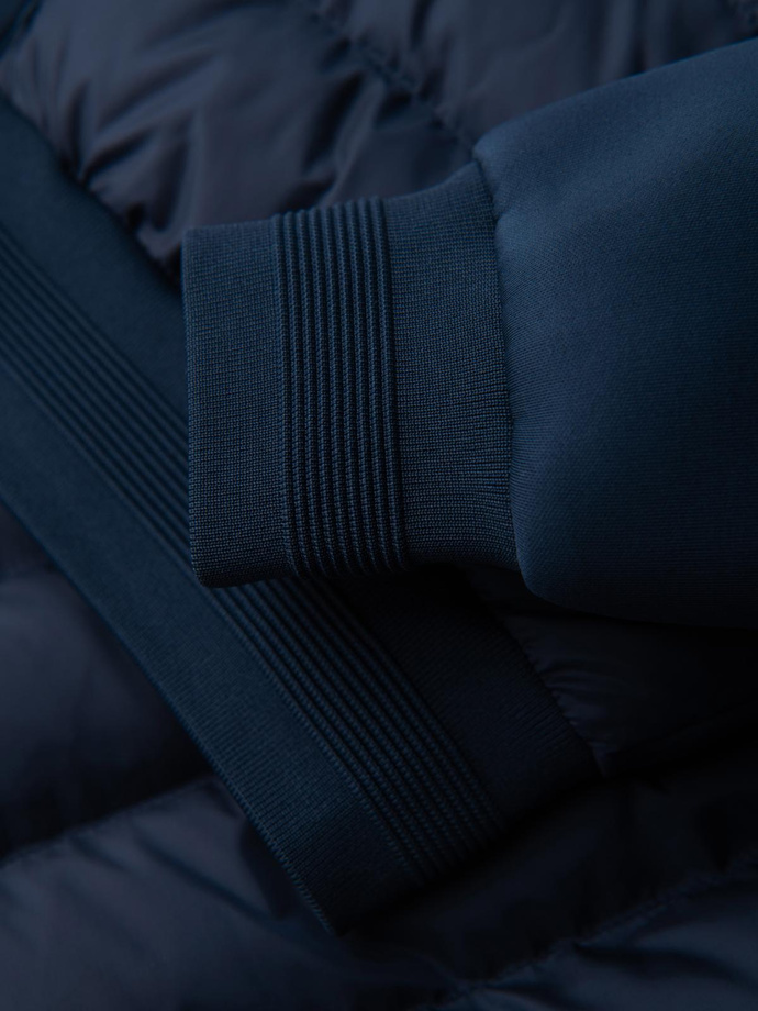 Quilted bomber jacket with hood and knitted sleeves - navy blue V2 OM-JALP-0298