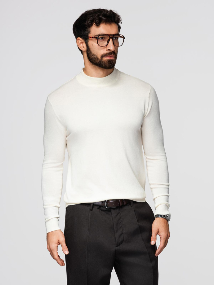 Men's knitted half turtleneck with viscose - cream V4 OM-SWTN-0100 