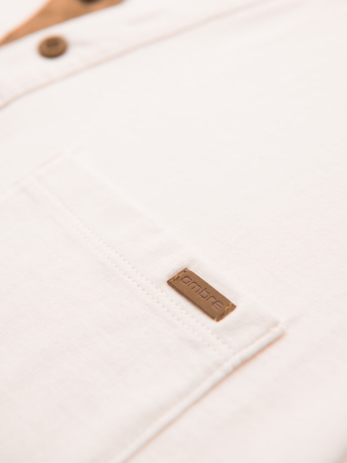 Men's t-shirt with button neckline and suede trim - white V1 OM-TSCT-0206