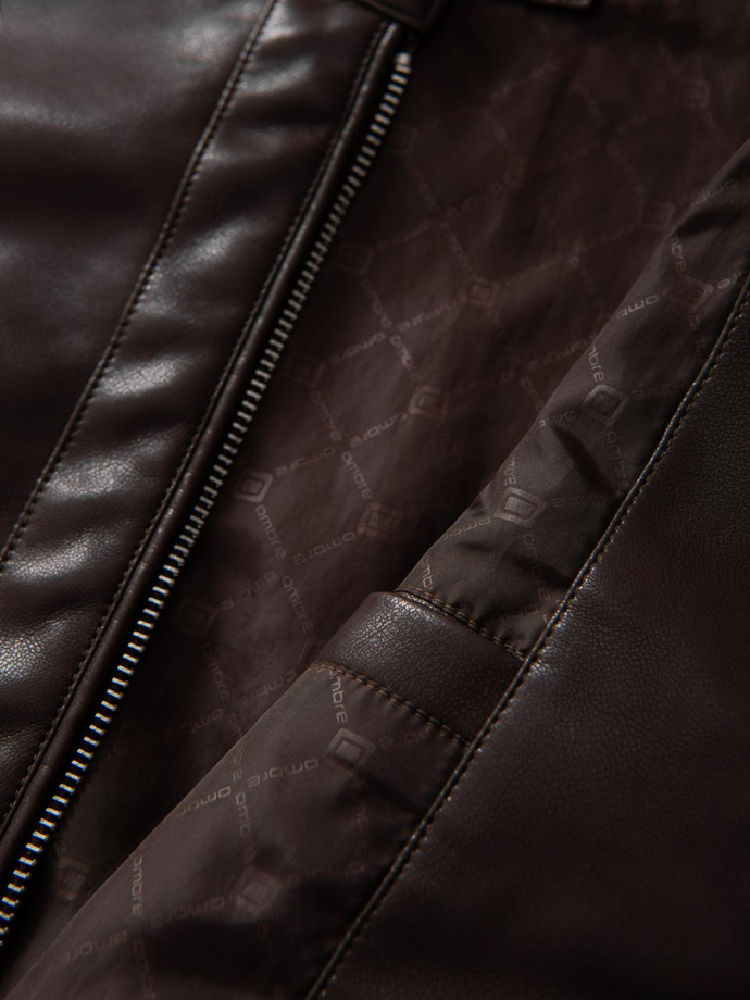 Men's imitation leather jacket with ribbed hem - dark brown V1 OM-JAFL-0109