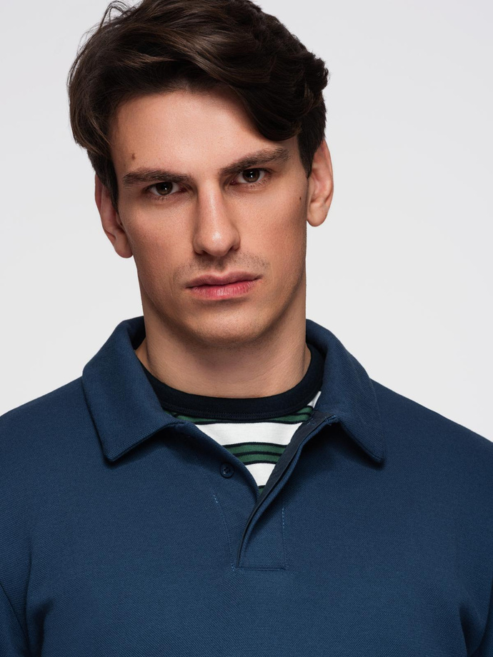 Men's structured knit polo collar sweatshirt - dark blue V5 OM-SSNZ-0149
