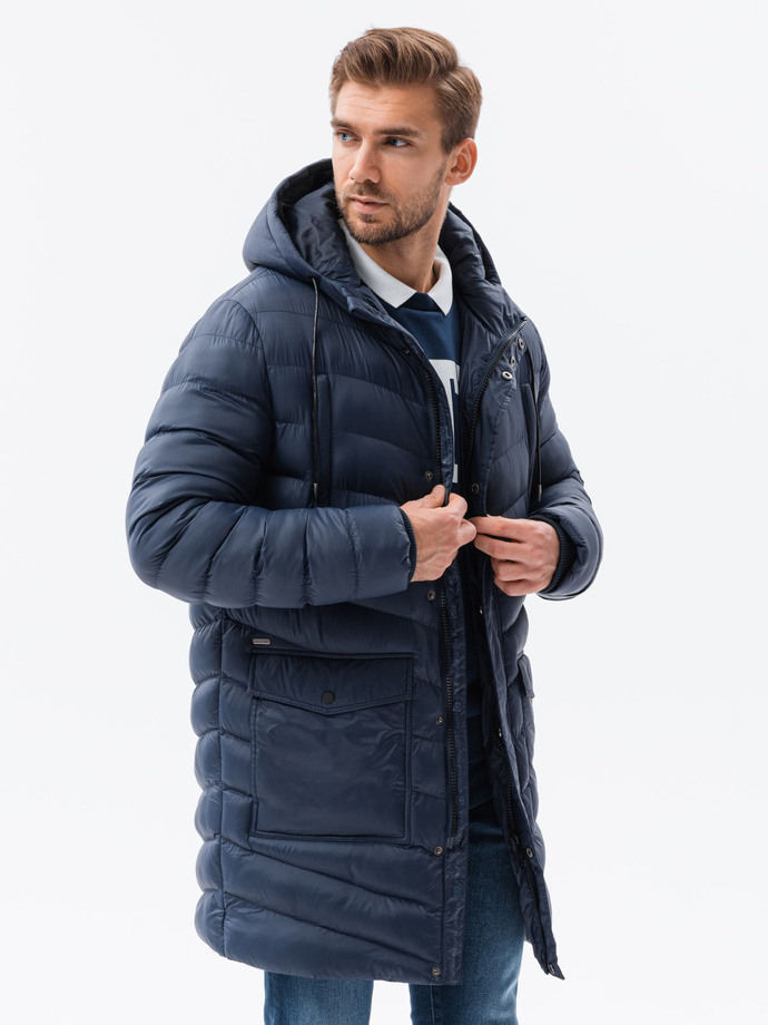 Pánská prošívaná zimní bunda parka - tmavě modrá V2 OM-JALJ-0100