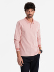 Men's melange polo longsleeve with embroidery - pink melange V2 OM-POLS-0129