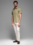 Men's short sleeve cotton and linen shirt with pocket - olive V6 OM-SHSS-0167