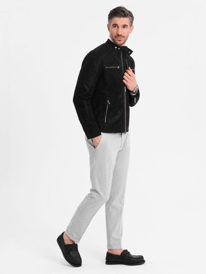 Men's retro-style biker jacket with stand-up collar - black V2 OM-JAFL-0197