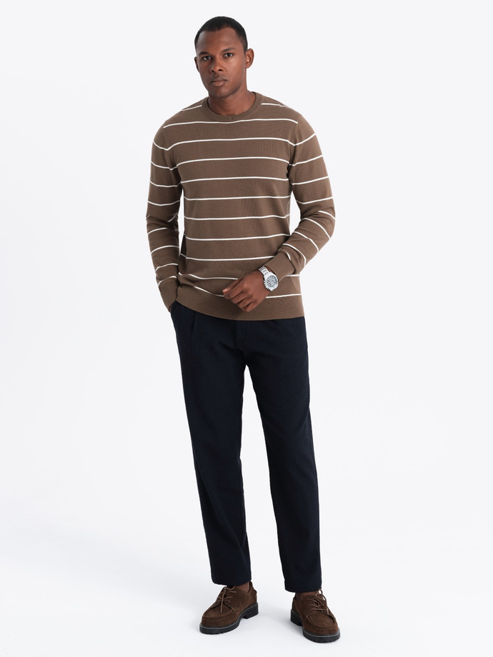 Men's casual sweater with horizontal stripes - brown V3 OM-SWSW-0143