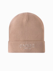 Men's knitted beanie cap with embroidered inscription - sand V6 OM-ACWH-0120
