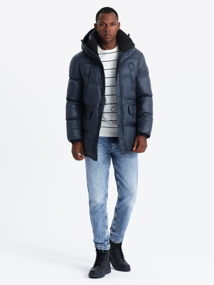 Men's long puffer jacket with snap pockets - navy blue V3 OM-JALJ-0186