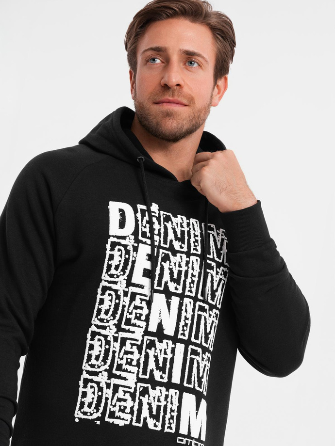 Men's unlined kangaroo sweatshirt with hood and print - black V1 OM-SSPS-0158