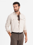 Men's REGULAR FIT cotton shirt with buttoned pockets - cream V1 OM-SHCS-0146