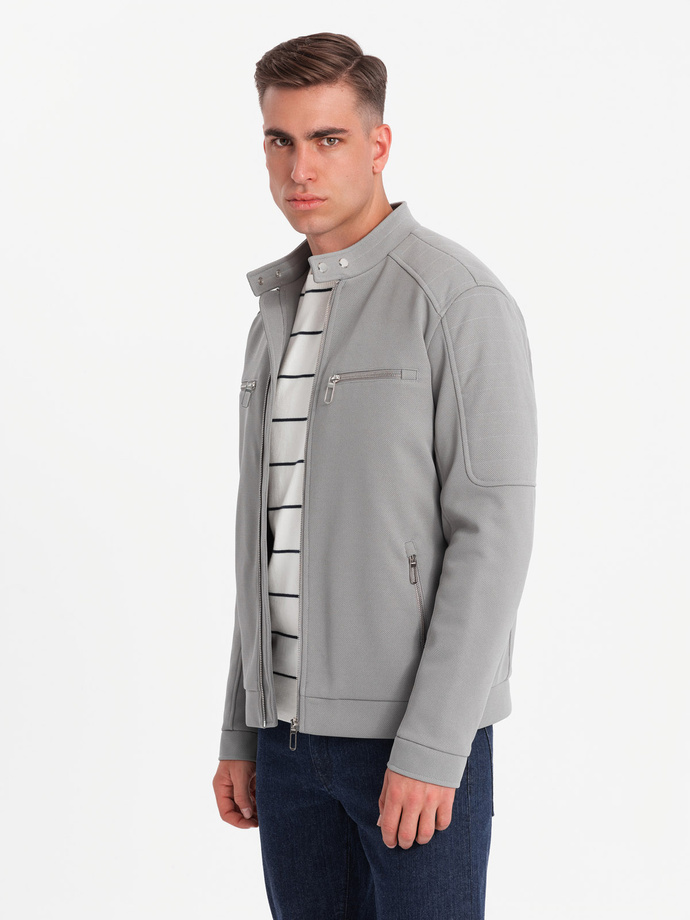 Men's biker jacket with pockets and collar - grey V3 OM-JALP-0157