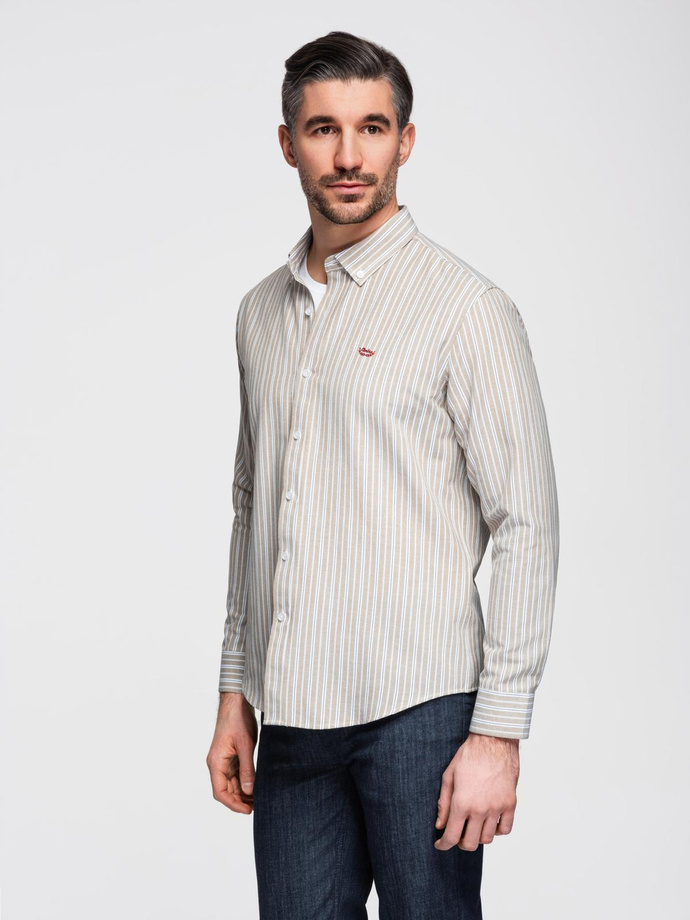 Cămașă bărbătească REGULAR FIT din bumbac cu dungi fine - bej V1 OM-SHOS-0170