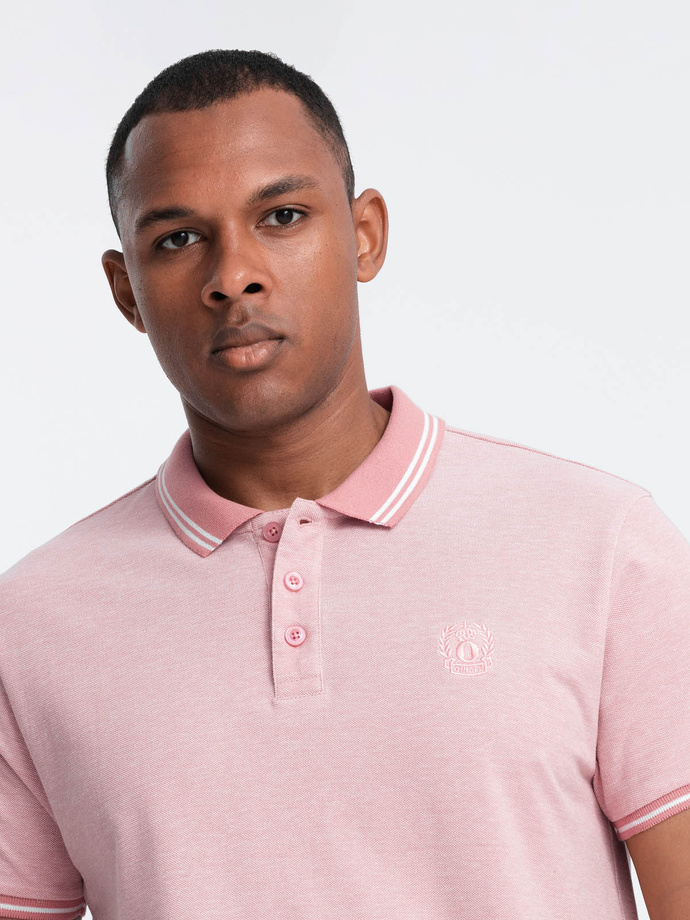 Tricou polo melange pentru bărbați cu guler cu dungi - roz V2 OM-POSS-0109
