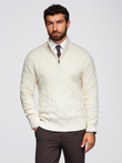 Men's plaid sweater with turtleneck zipper - cream V1 OM-SWZS-0138