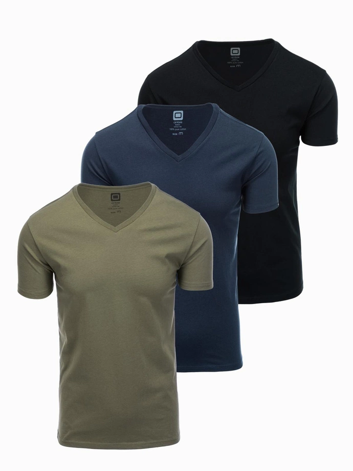 Set tricou bărbătesc BASIC din bumbac cu decolteu în V - negru/marin/olive închis V7 OM-TSBS-0233