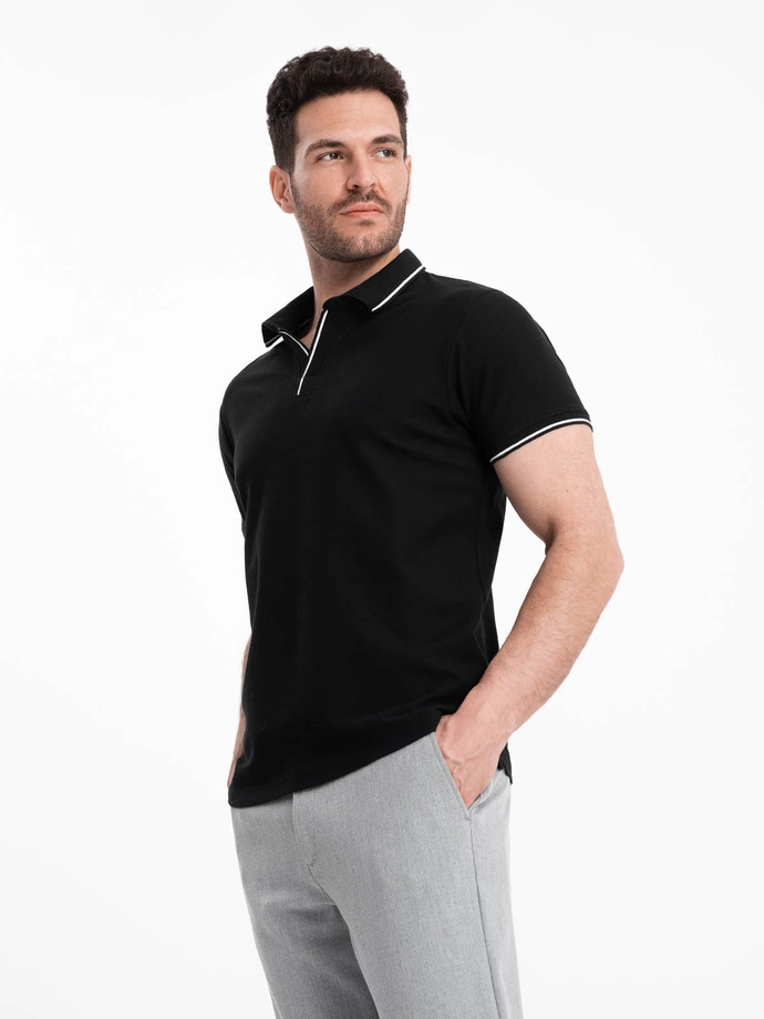 Tricou polo bărbătesc fără nasturi din tricot piqué - negru V2 OM-POSS-0110