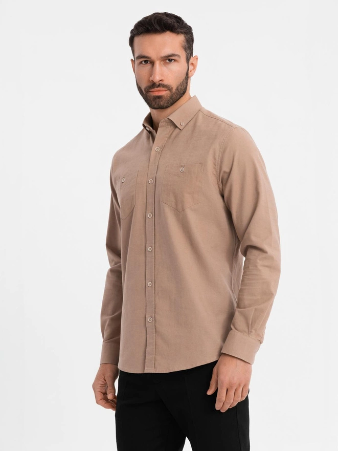 Men's linen shirt with classic collar and pockets REGULAR FIT - light brown V7 OM-SHCS-0134