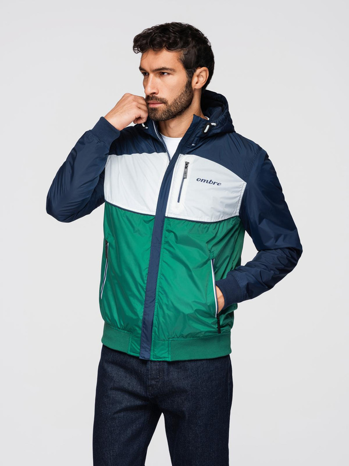 Lightweight colorful men's sports jacket with fleece - green and navy blue V20 OM-JANP-0194