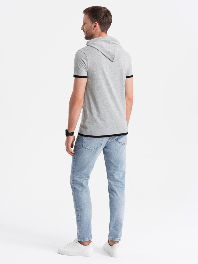 Tricou cu glugă din bumbac casual pentru bărbați - gri melange V8 OM-TSCT-22SS-001