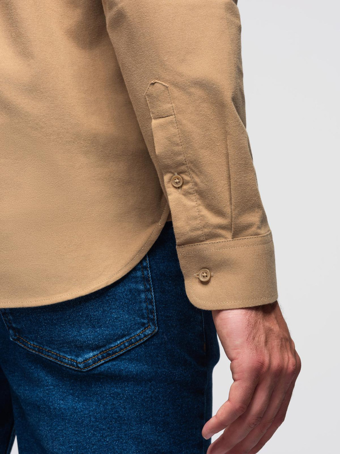 Men's REGULAR FIT cotton shirt with pocket - light brown V2 OM-SHOS-0153