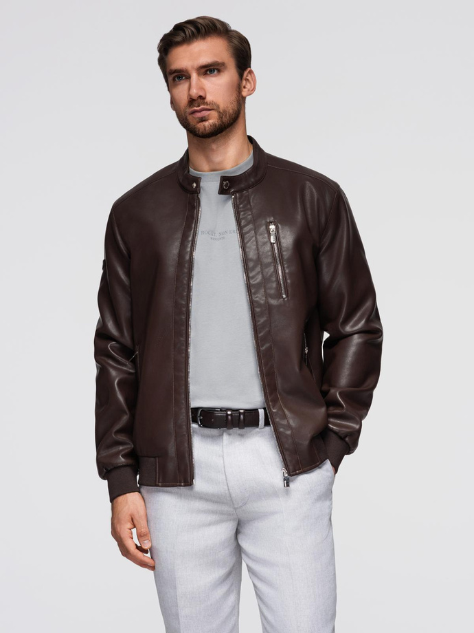 Men's imitation leather jacket with ribbed hem - dark brown V1 OM-JAFL-0109