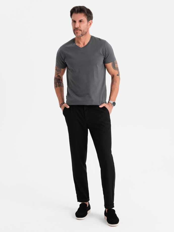 Bumbac clasic pentru bărbați BASIC tricou cu guler în V - maro V10 OM-TSBS-0145