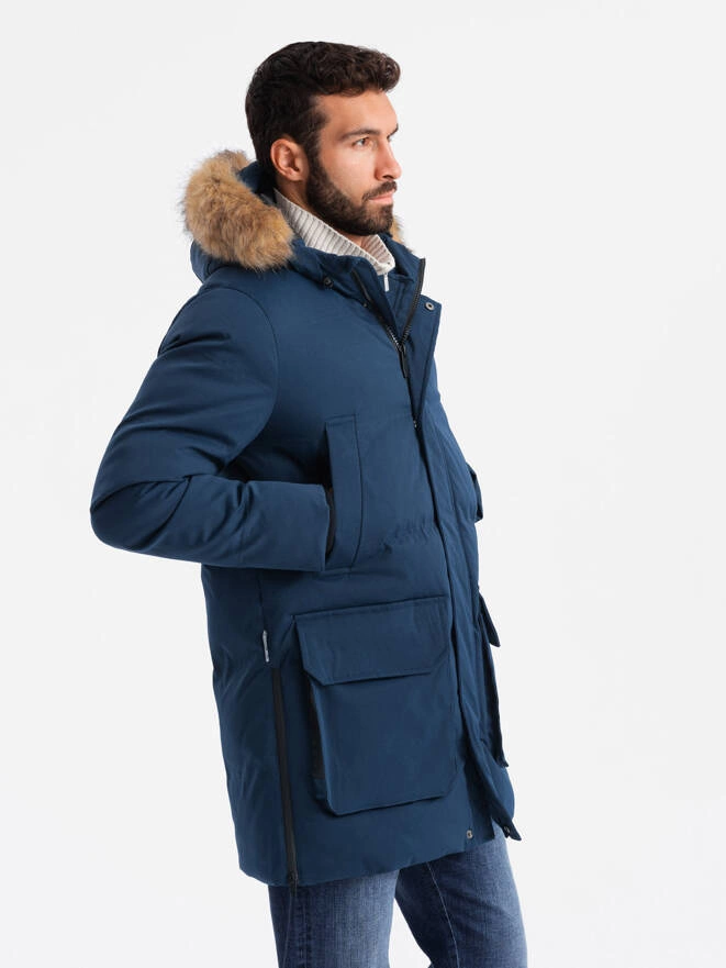 Men's long parka jacket with flared bottom - navy blue V5 OM-JALJ-0184