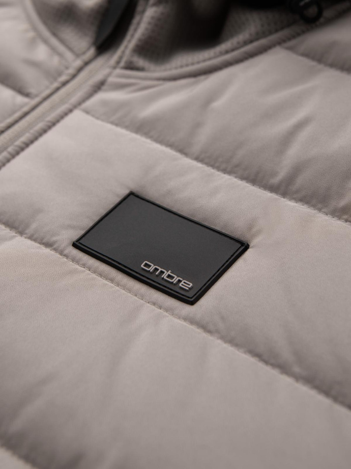 Men's lightweight jacket of combined materials with hood and decorative quilting - ash V3 OM-JANP-0160 