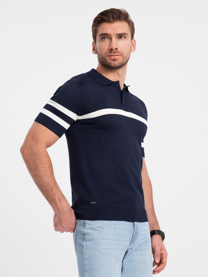 Tricou polo bărbătesc din tricot moale cu dungi contrastante - albastru marin V2 OM-POSS-0118