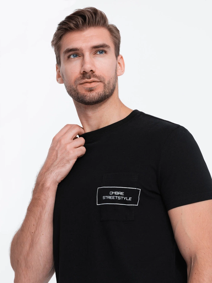 Men's cotton t-shirt with pocket print - black V1 S1742