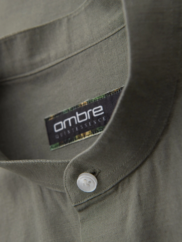 Men's linen shirt with stand-up collar and pocket REGULAR FIT - khaki V6 OM-SHCS-0161