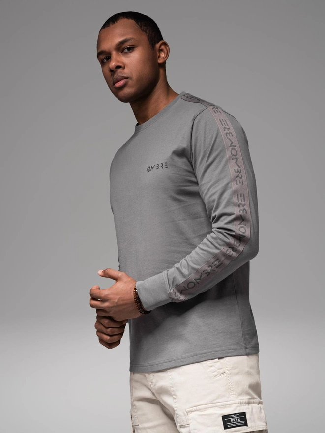 Men's cotton U-neck longsleeve with piping and chest print - grey V5 OM-LSCL-0127