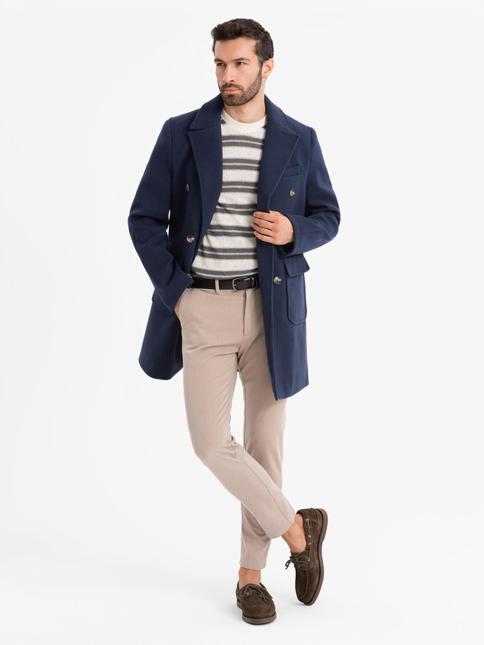 Palton bărbătesc dublu pieptănat cu nasturi decorativi - indigo V1 OM-COWC-0109