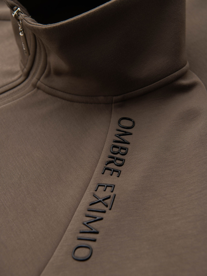 Pánska mikina s kontrastnou potlačou a vysokým golierom - sivo-hnedá V3 OM-SSZP-0211