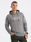 Men's non-stretch hooded sweatshirt with print - grey V2 OM-SSPS-0153