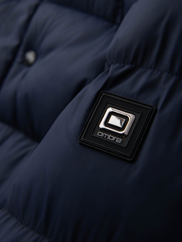 Pánska prešívaná bunda s vysokou kapucňou na zips - tmavomodrá V2 OM-JAHP-0238