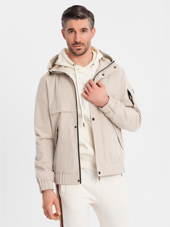 Functional men's transitional jacket with hood - beige V3 OM-JANP-0225