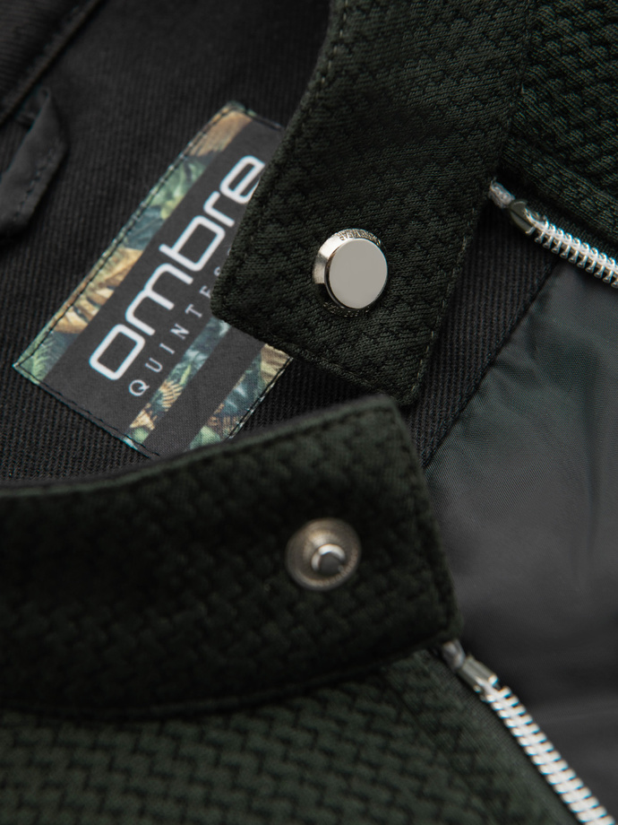 Structured men's biker jacket with stand-up collar - dark green V3 OM-JANP-0229