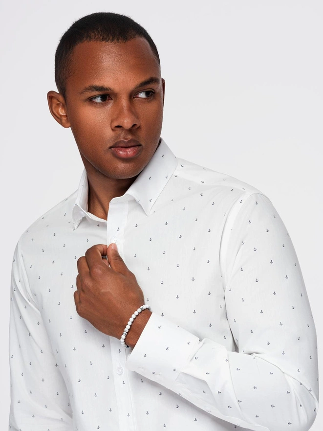 Pánska klasická bavlnená košeľa SLIM FIT s kotvami - biela V3 OM-SHCS-0156