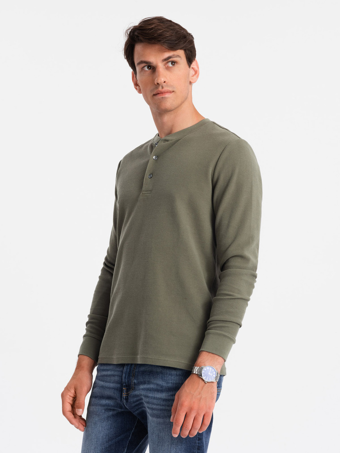 Button-up neck men's waffle knit longsleeve - olive V1 OM-LSCL-0120