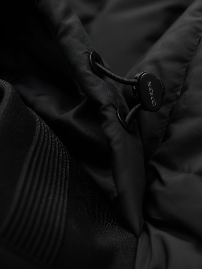 Prešívaná bunda bomber s kapucňou a pletenými rukávmi - čierna V1 OM-JALP-0298