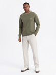 Men's cotton longsleeve with U neckline with stripes and embroidery - olive V1 OM-LSCL-0128
