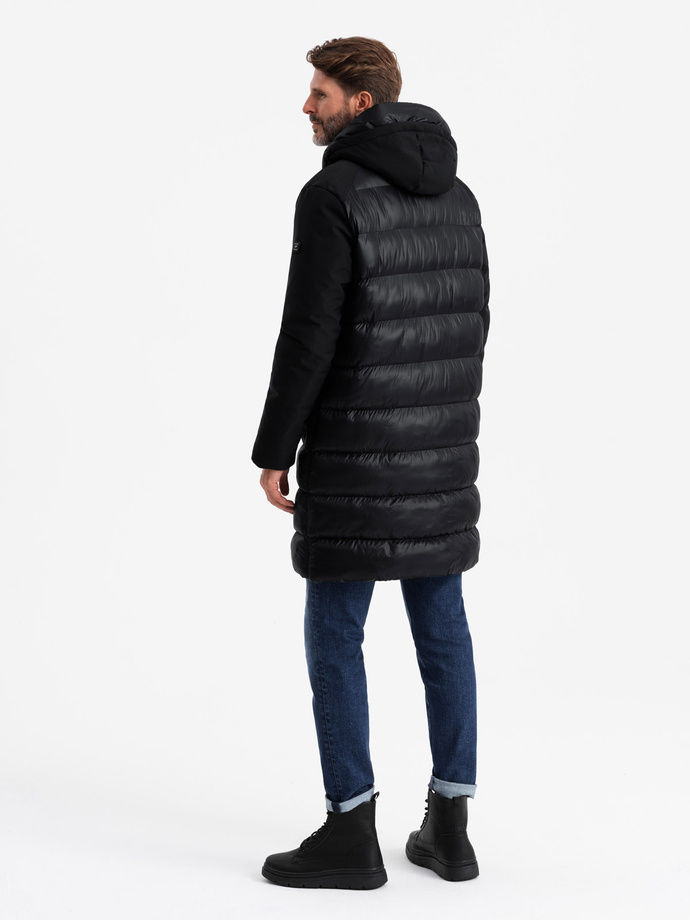 Vyriška ilga dygsniuota striukė su didelėmis kišenėmis - juoda V1 OM-JALJ-0165