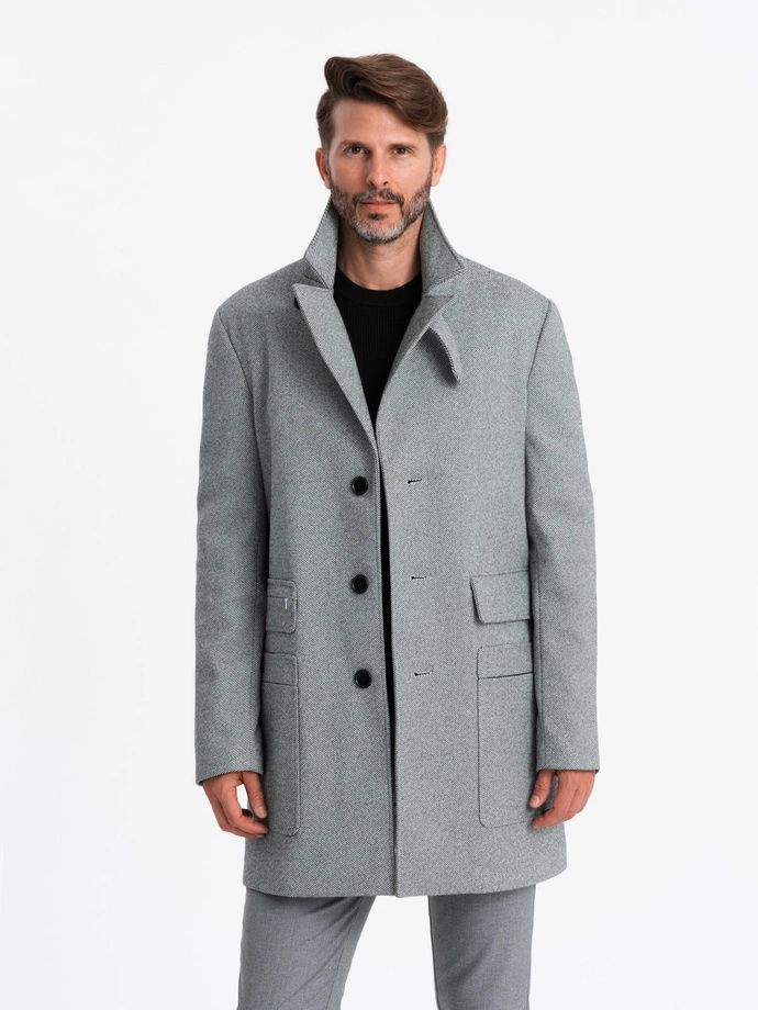 Pánský vzorovaný jednořadový kabát s kapsami - šedý V3 OM-COWC-0108
