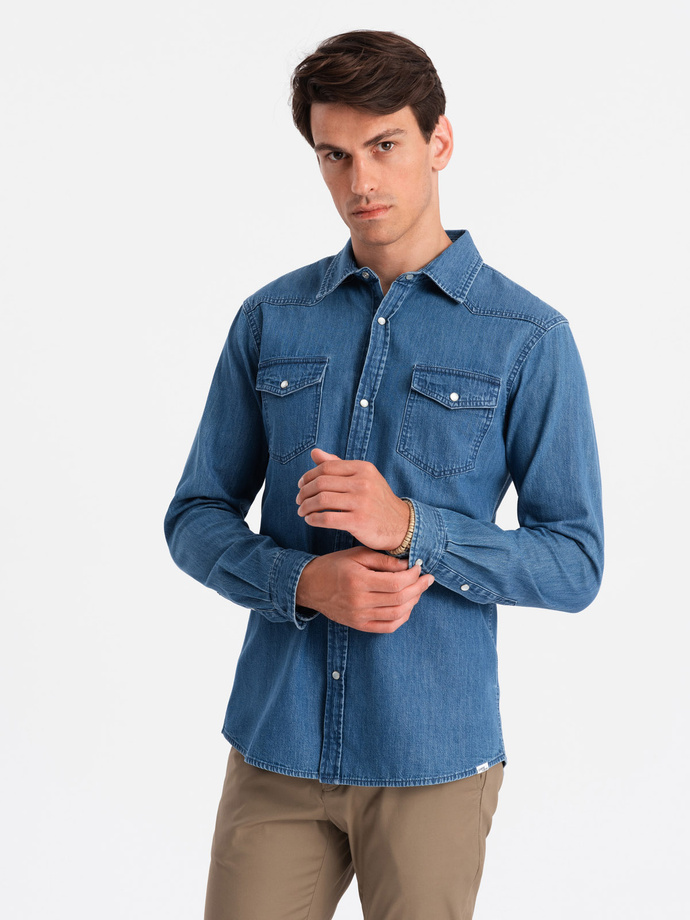 Cămașă bărbătească din denim cu buzunare și fermoar frontal - albastru V2 OM-SHDS-0115
