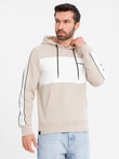 Men's cotton hoodie with contrasting elements - beige V2 OM-SSNZ-0225